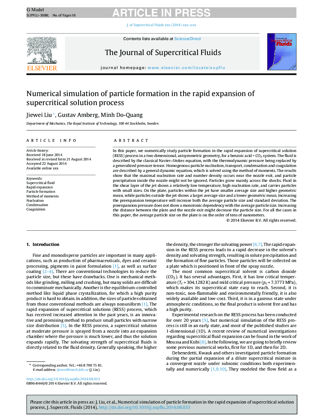 Numerical simulation of particle formation in the rapid expansion of supercritical solution process