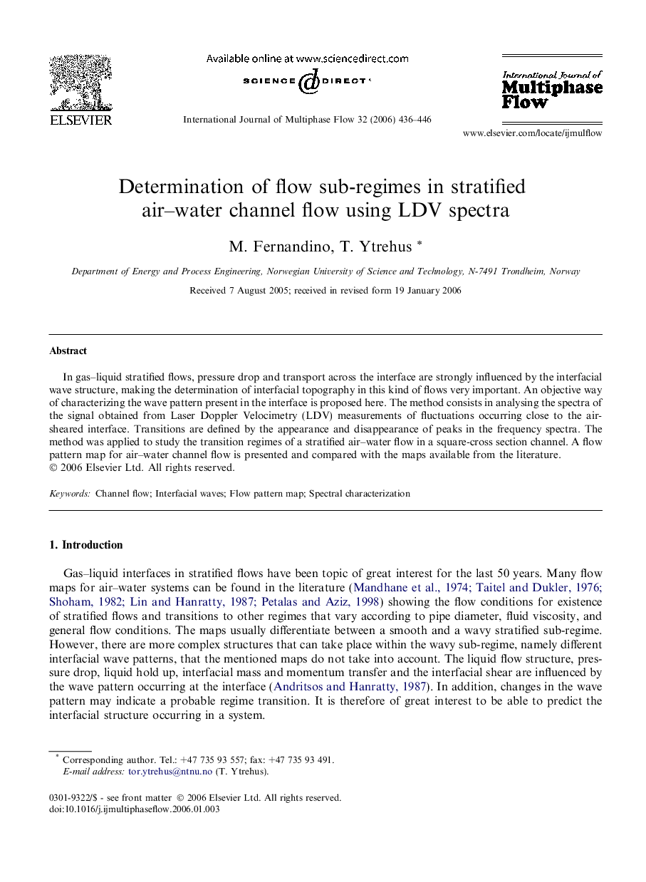 Determination of flow sub-regimes in stratified air–water channel flow using LDV spectra