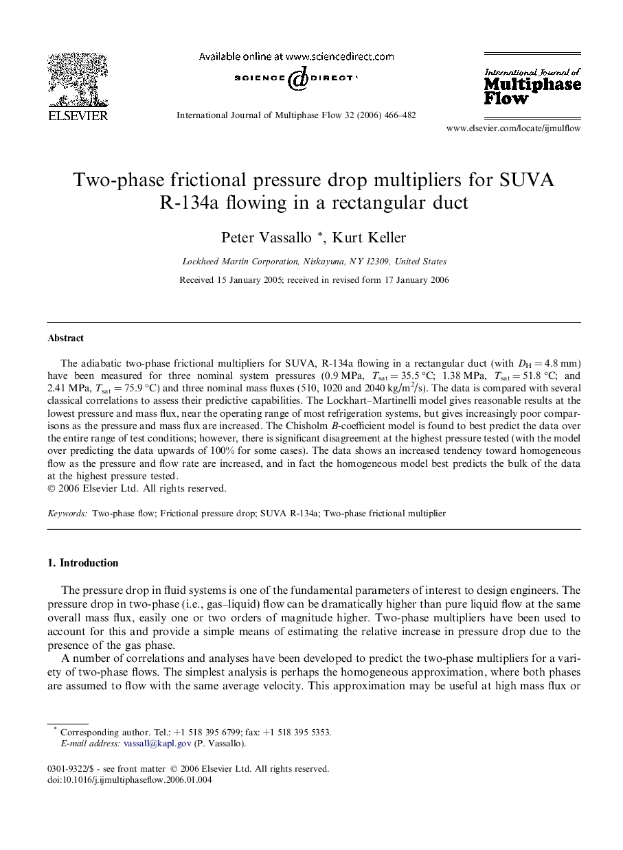 Two-phase frictional pressure drop multipliers for SUVA R-134a flowing in a rectangular duct