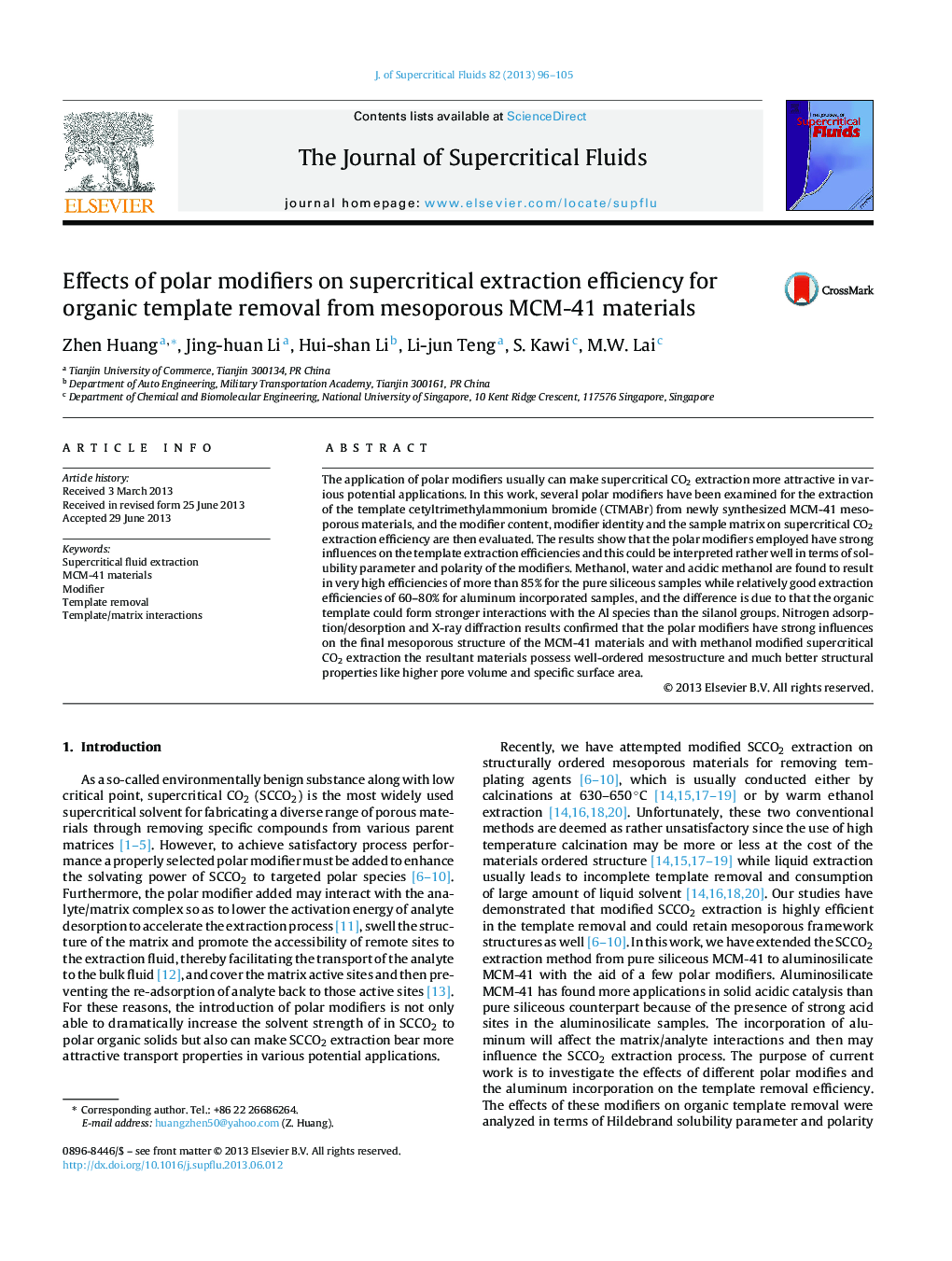 Effects of polar modifiers on supercritical extraction efficiency for organic template removal from mesoporous MCM-41 materials