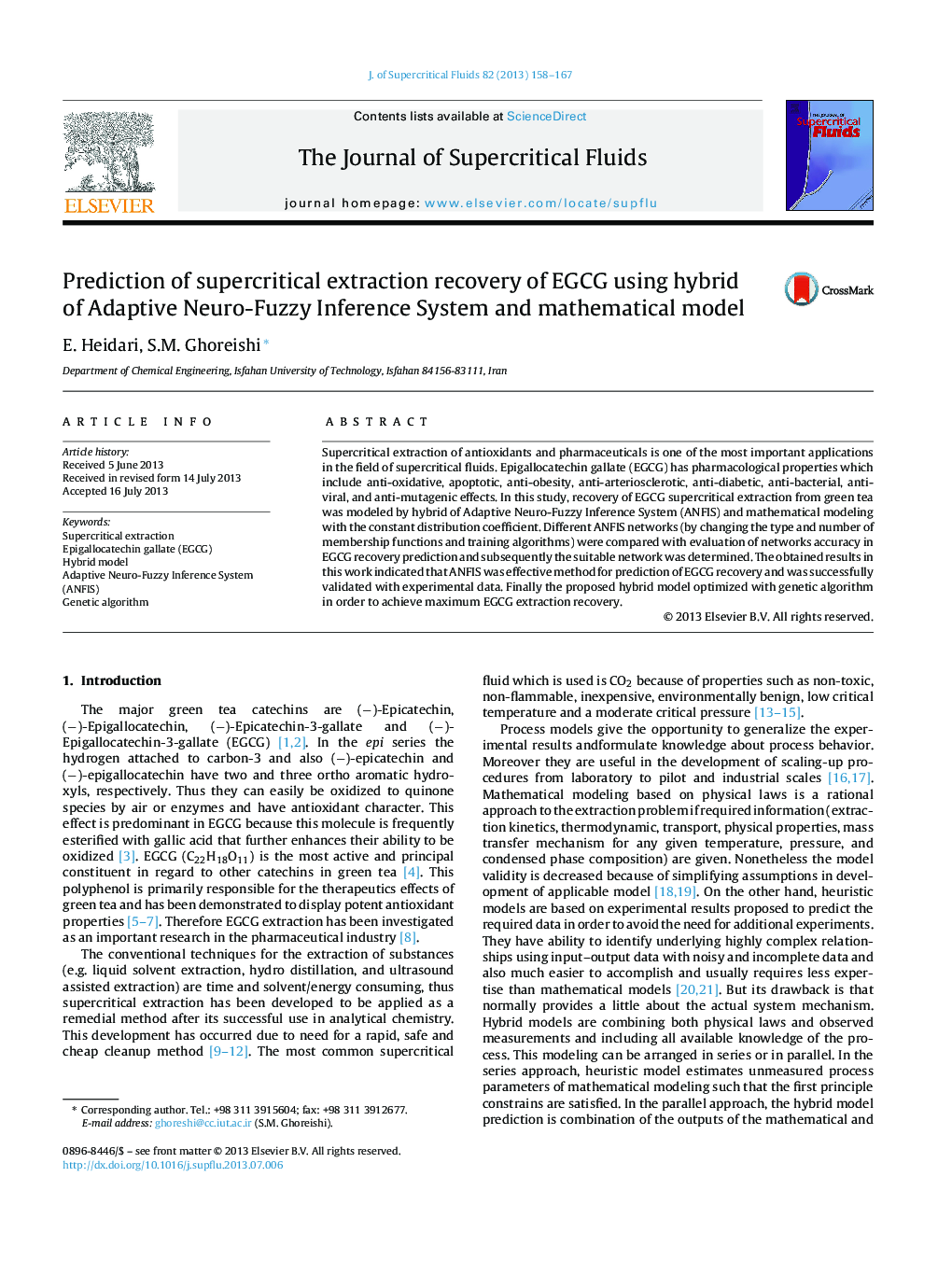 Prediction of supercritical extraction recovery of EGCG using hybrid of Adaptive Neuro-Fuzzy Inference System and mathematical model