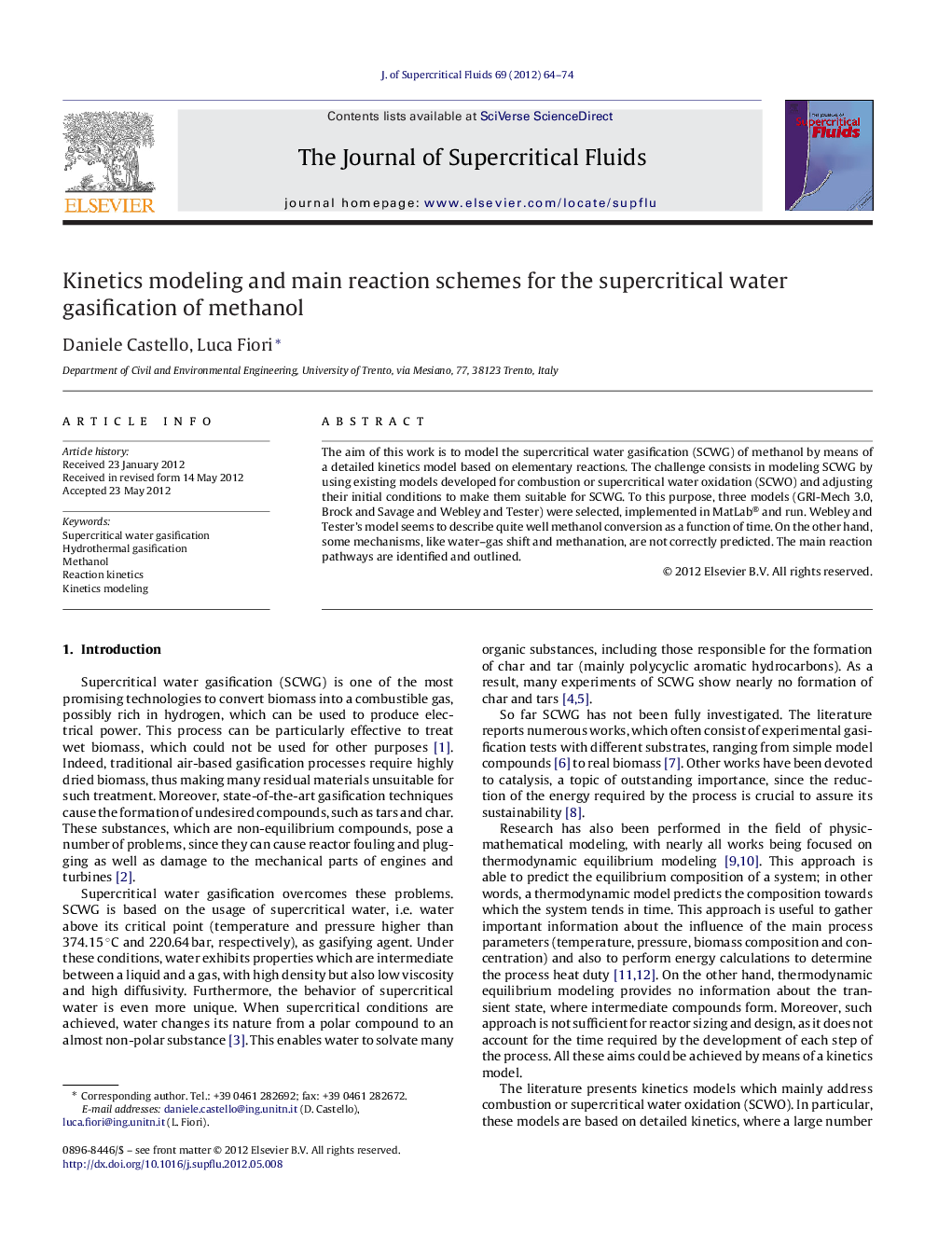 Kinetics modeling and main reaction schemes for the supercritical water gasification of methanol