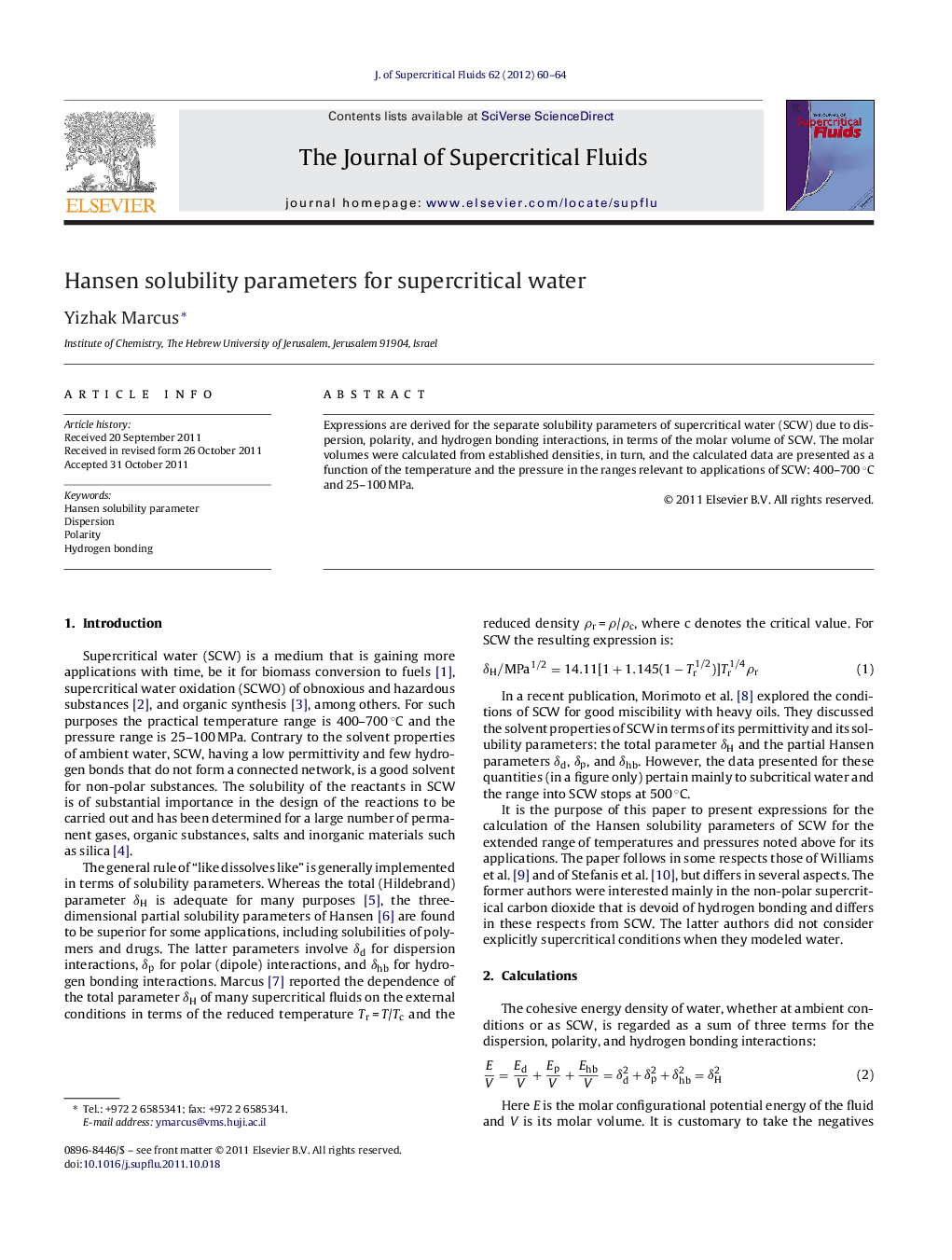 Hansen solubility parameters for supercritical water