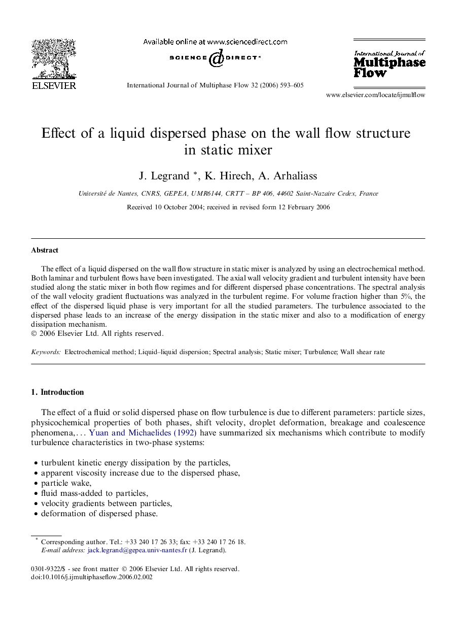 Effect of a liquid dispersed phase on the wall flow structure in static mixer