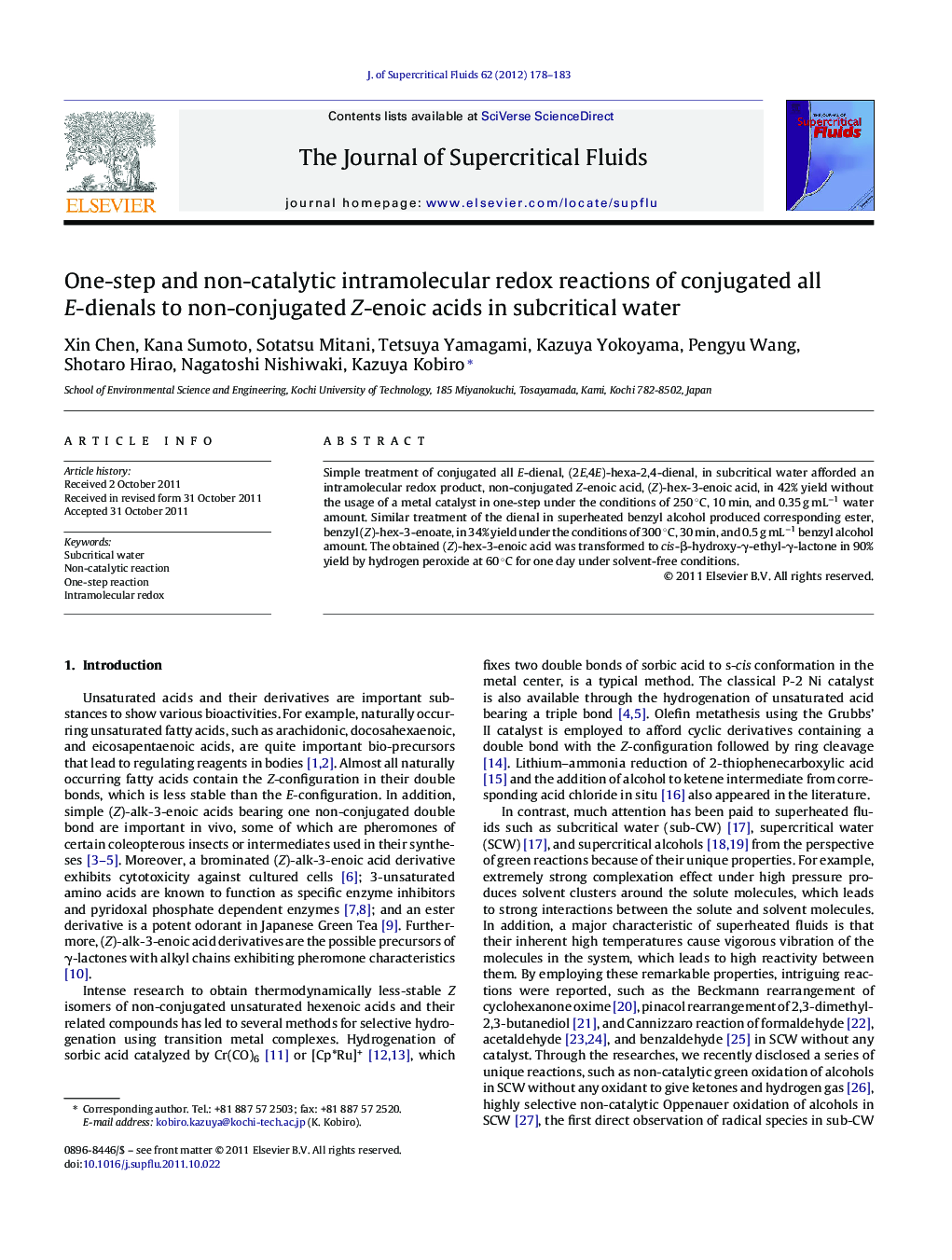 One-step and non-catalytic intramolecular redox reactions of conjugated all E-dienals to non-conjugated Z-enoic acids in subcritical water