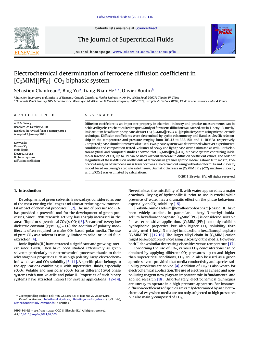 Electrochemical determination of ferrocene diffusion coefficient in [C6MIM][PF6]-CO2 biphasic system