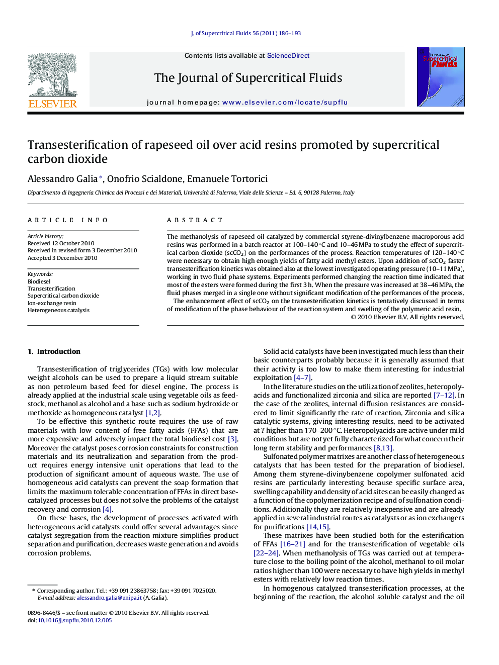 Transesterification of rapeseed oil over acid resins promoted by supercritical carbon dioxide