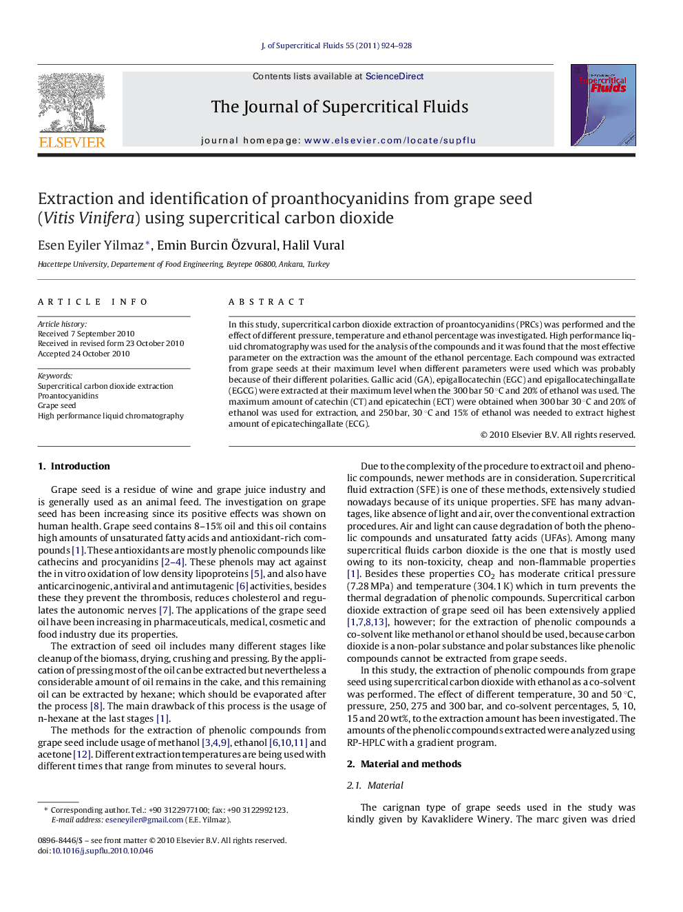 Extraction and identification of proanthocyanidins from grape seed (Vitis Vinifera) using supercritical carbon dioxide