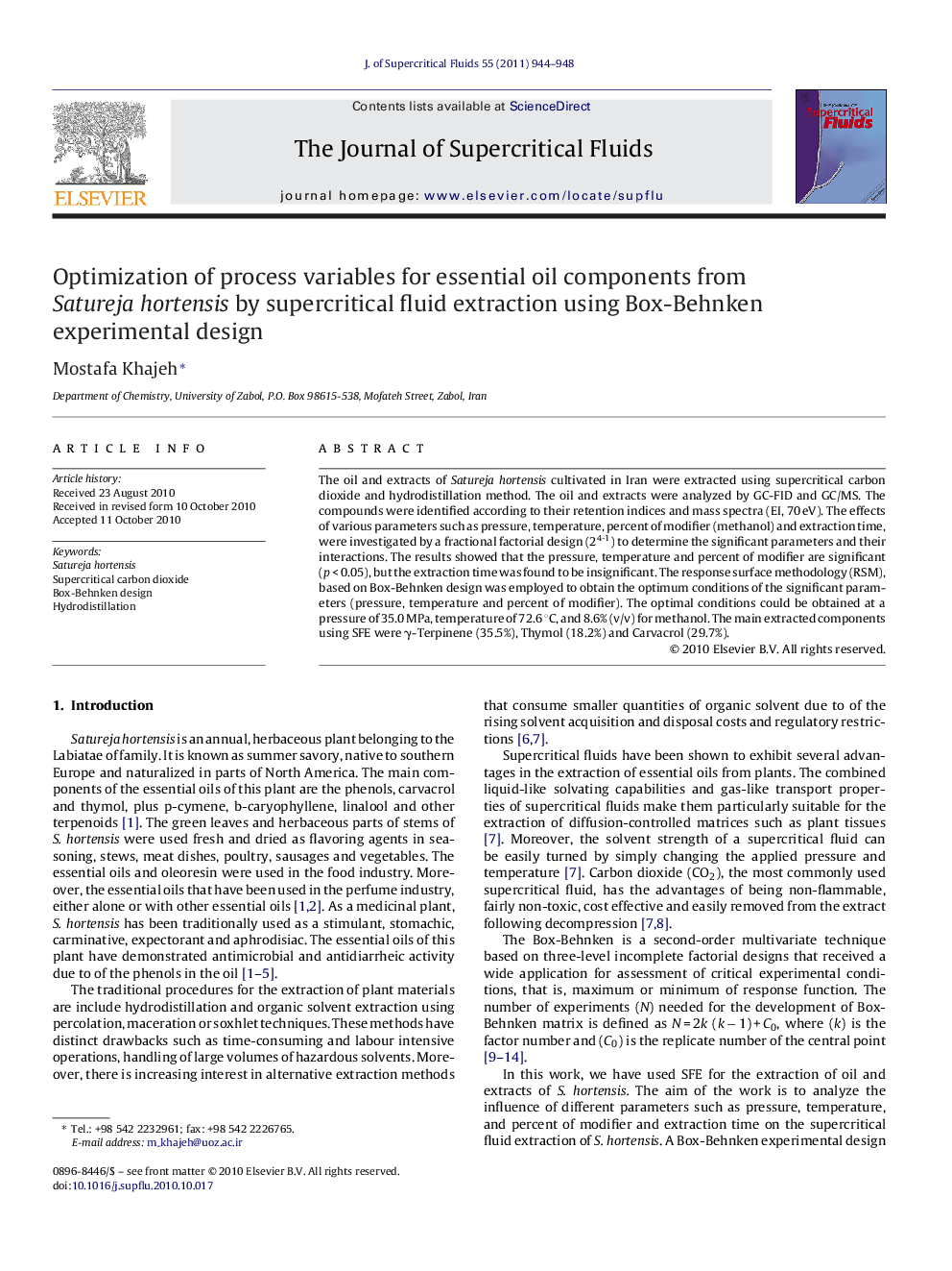 Optimization of process variables for essential oil components from Satureja hortensis by supercritical fluid extraction using Box-Behnken experimental design