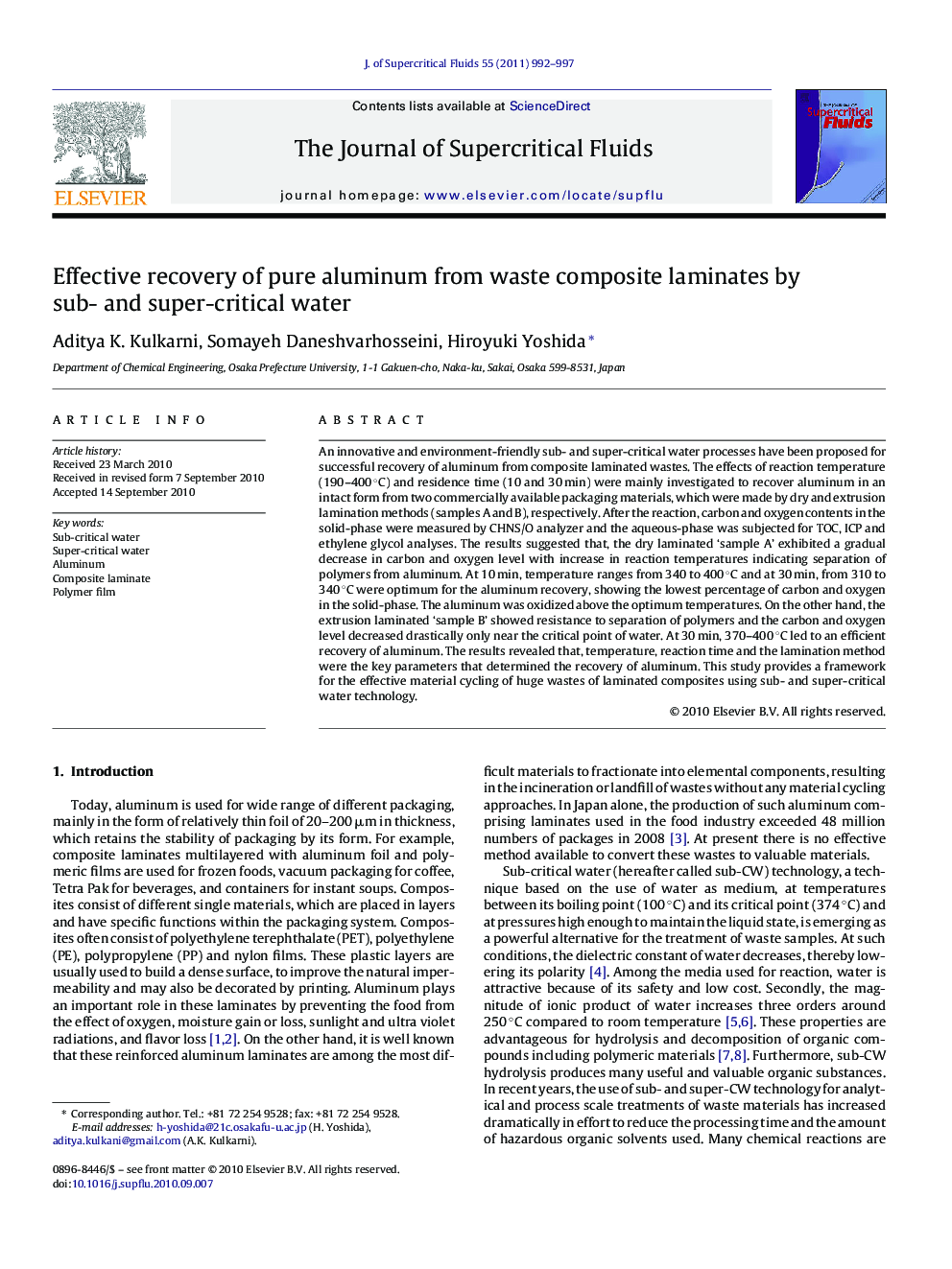 Effective recovery of pure aluminum from waste composite laminates by sub- and super-critical water