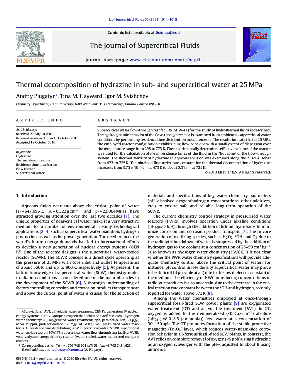 Thermal decomposition of hydrazine in sub- and supercritical water at 25Â MPa