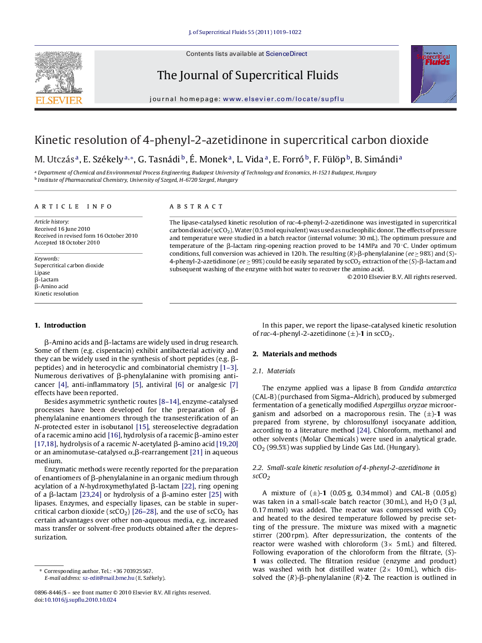 Kinetic resolution of 4-phenyl-2-azetidinone in supercritical carbon dioxide