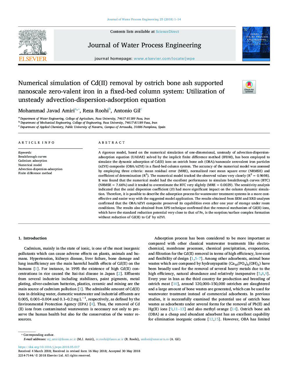 Numerical simulation of Cd(II) removal by ostrich bone ash supported nanoscale zero-valent iron in a fixed-bed column system: Utilization of unsteady advection-dispersion-adsorption equation