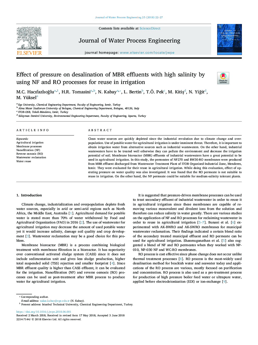 Effect of pressure on desalination of MBR effluents with high salinity by using NF and RO processes for reuse in irrigation