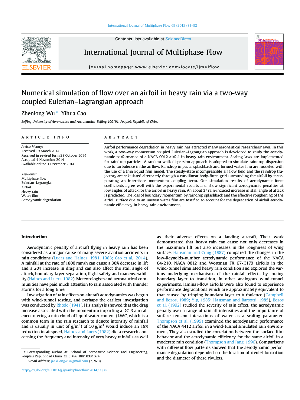 Numerical simulation of flow over an airfoil in heavy rain via a two-way coupled Eulerian–Lagrangian approach