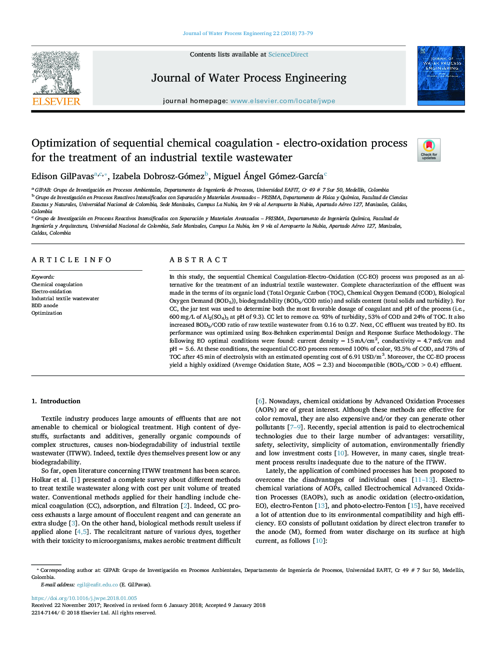بهینه سازی انعقاد شیمیایی ترتیبی - فرایند الکترو اکسیداسیون برای درمان پساب صنعتی نساجی صنعتی 