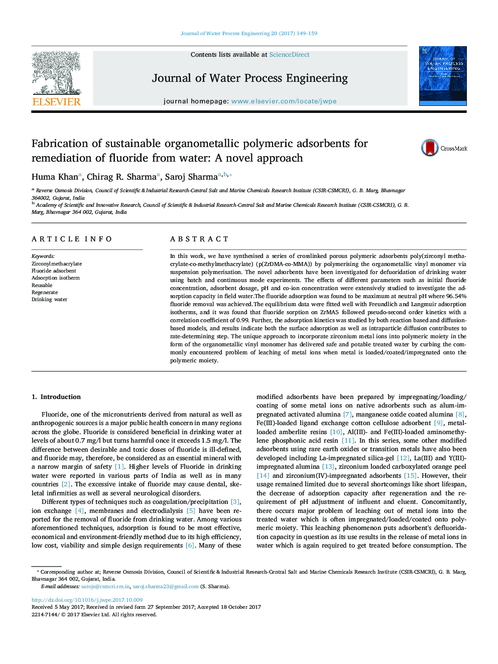 Fabrication of sustainable organometallic polymeric adsorbents for remediation of fluoride from water: A novel approach