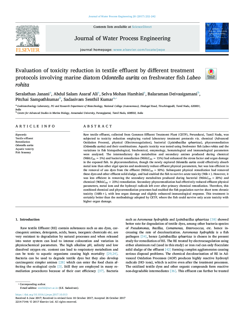 Evaluation of toxicity reduction in textile effluent by different treatment protocols involving marine diatom Odontella aurita on freshwater fish Labeo rohita