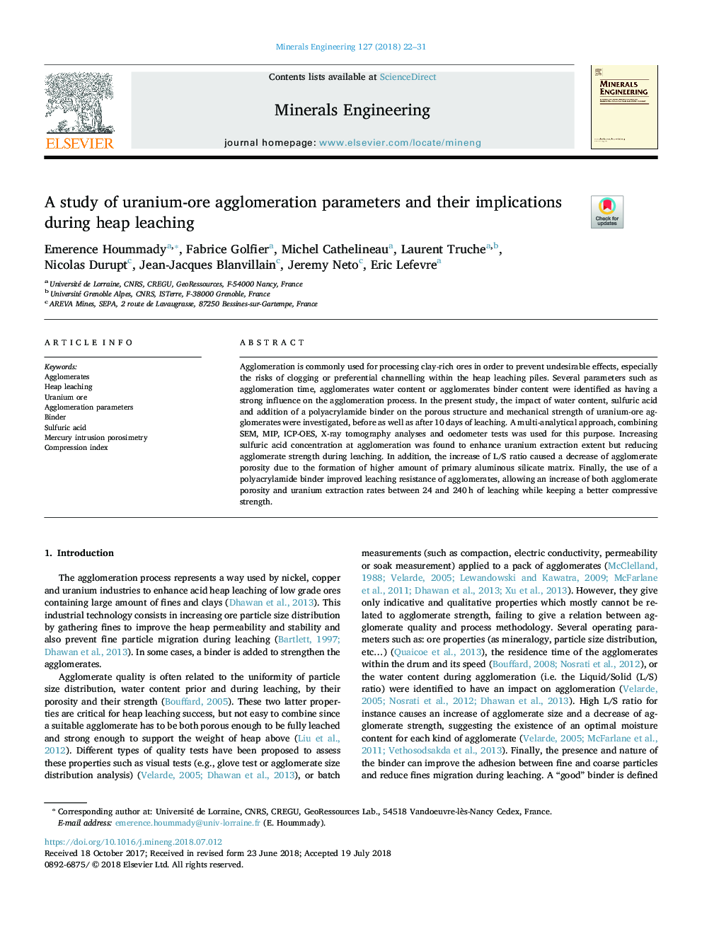 A study of uranium-ore agglomeration parameters and their implications during heap leaching