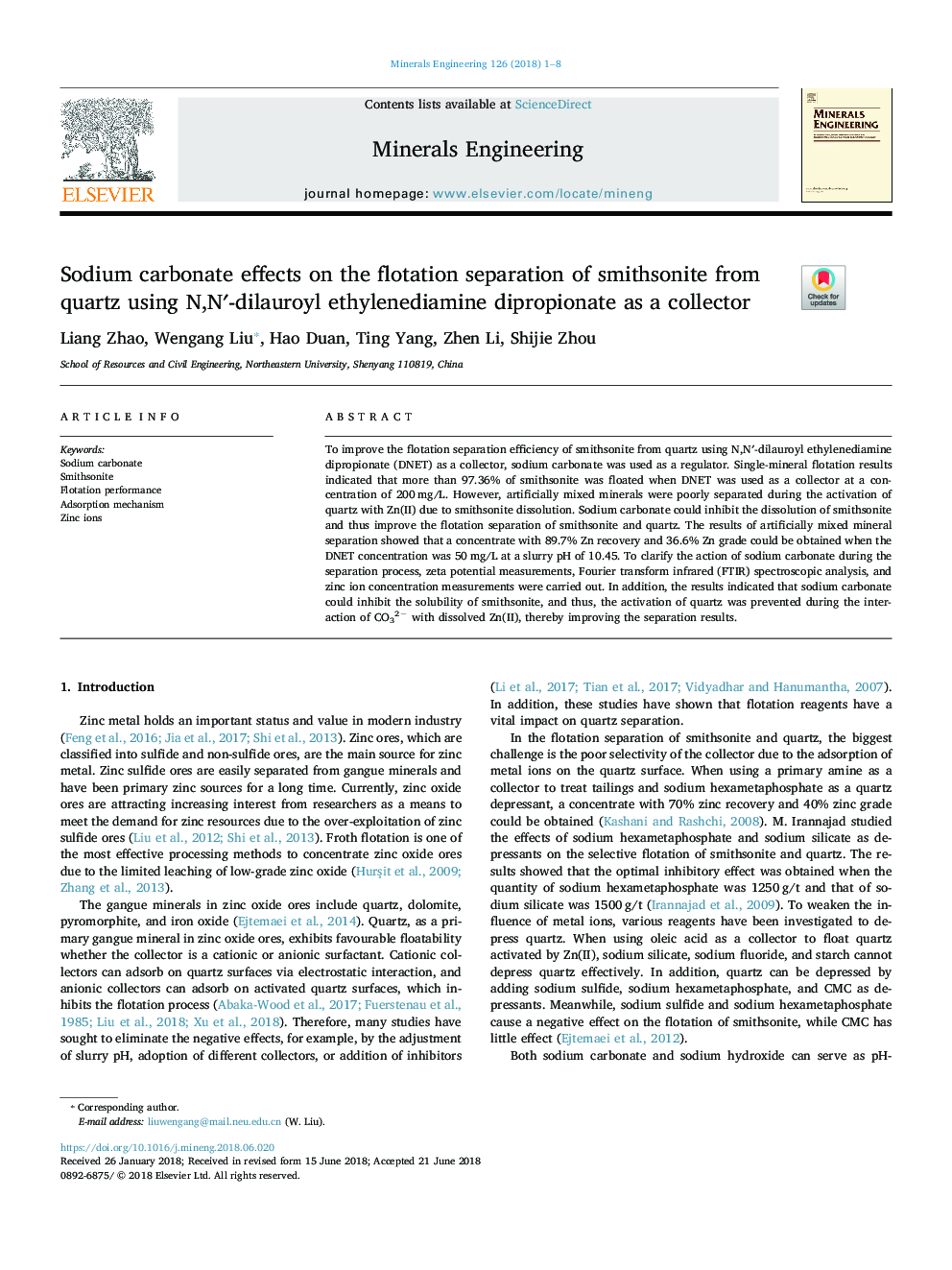 Sodium carbonate effects on the flotation separation of smithsonite from quartz using N,Nâ²-dilauroyl ethylenediamine dipropionate as a collector