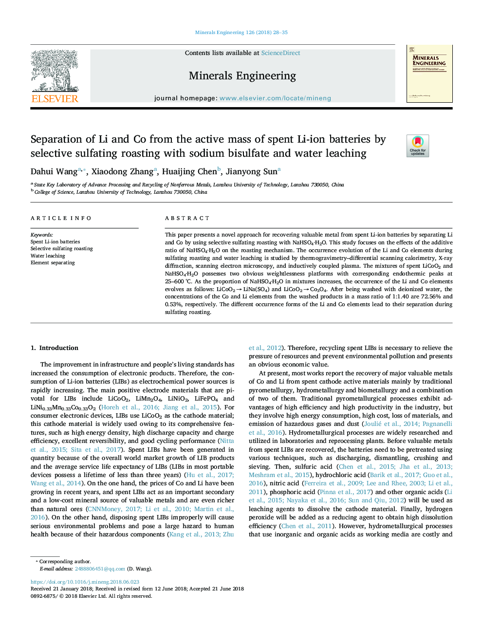 Separation of Li and Co from the active mass of spent Li-ion batteries by selective sulfating roasting with sodium bisulfate and water leaching