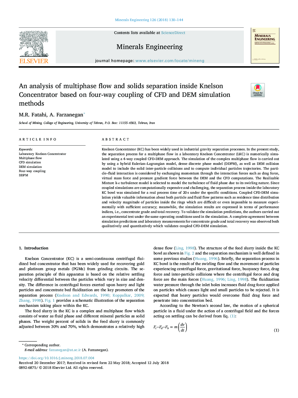 An analysis of multiphase flow and solids separation inside Knelson Concentrator based on four-way coupling of CFD and DEM simulation methods