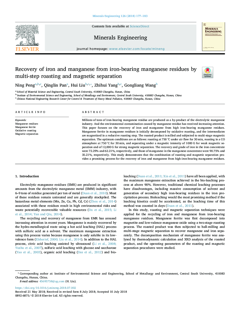 Recovery of iron and manganese from iron-bearing manganese residues by multi-step roasting and magnetic separation