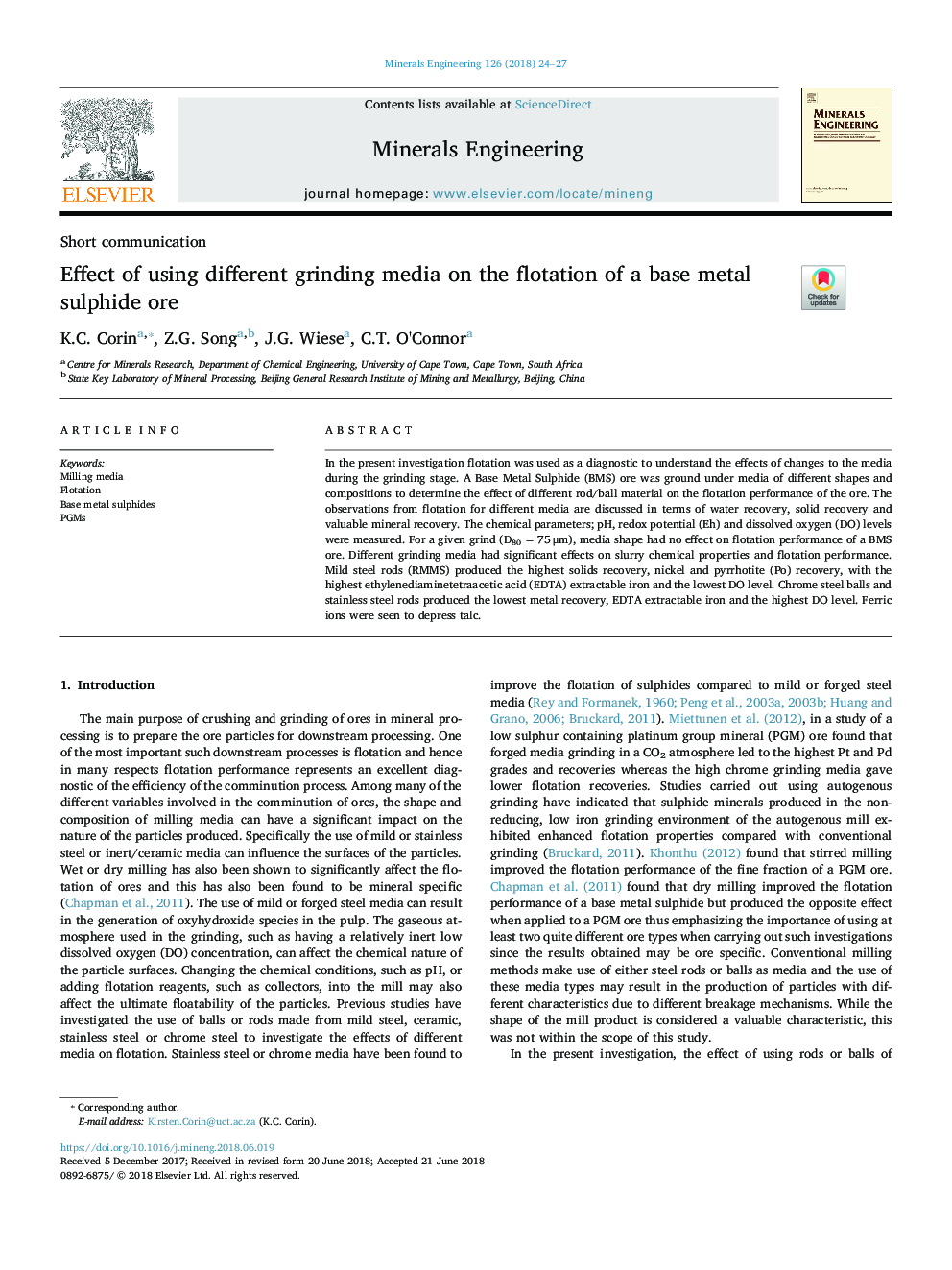 Effect of using different grinding media on the flotation of a base metal sulphide ore