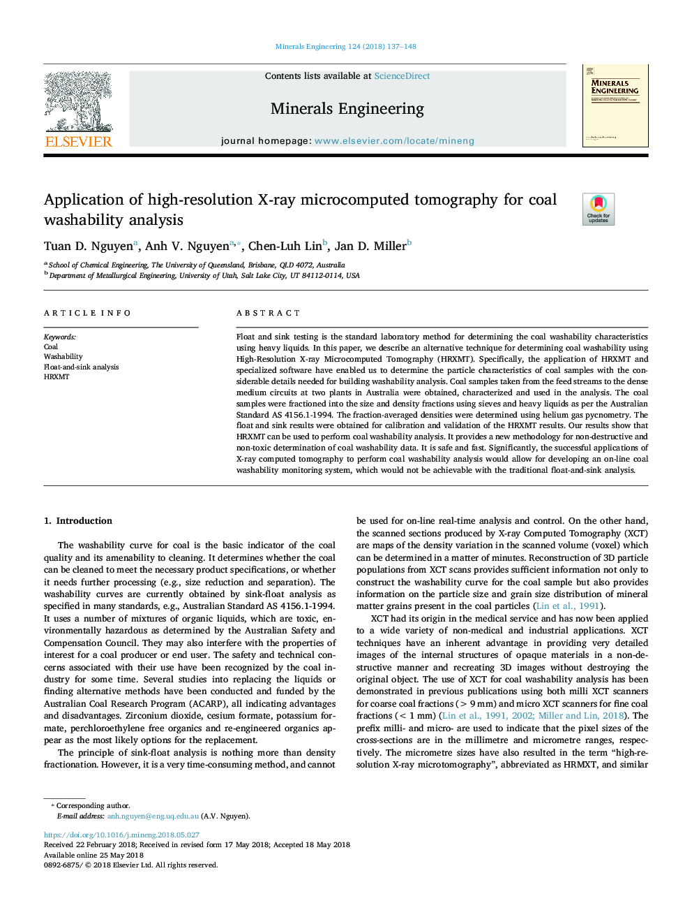 Application of high-resolution X-ray microcomputed tomography for coal washability analysis