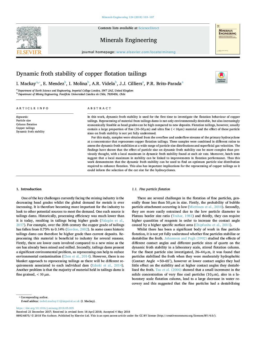 Dynamic froth stability of copper flotation tailings