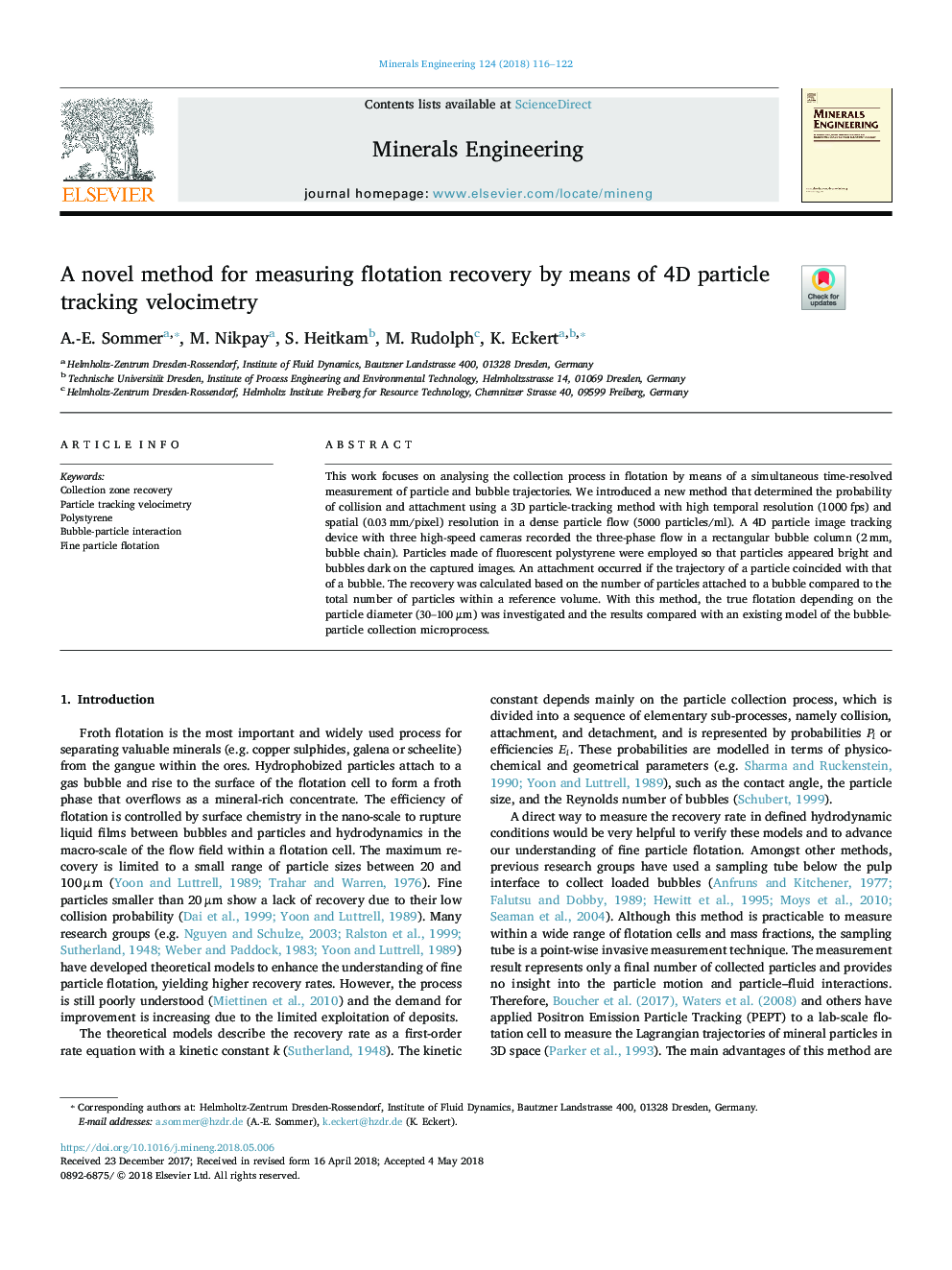 A novel method for measuring flotation recovery by means of 4D particle tracking velocimetry