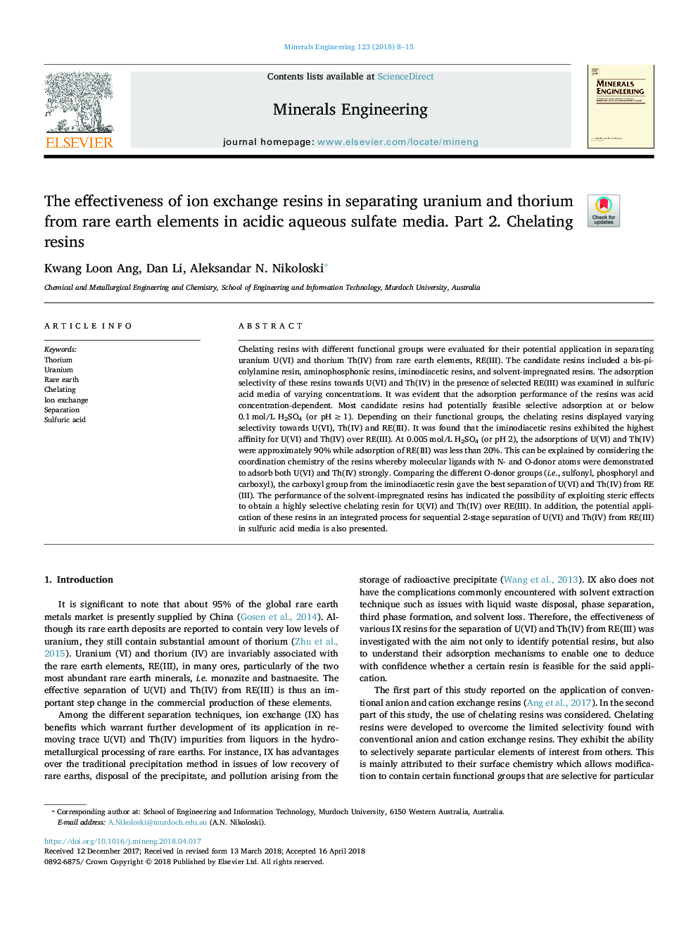 The effectiveness of ion exchange resins in separating uranium and thorium from rare earth elements in acidic aqueous sulfate media. Part 2. Chelating resins