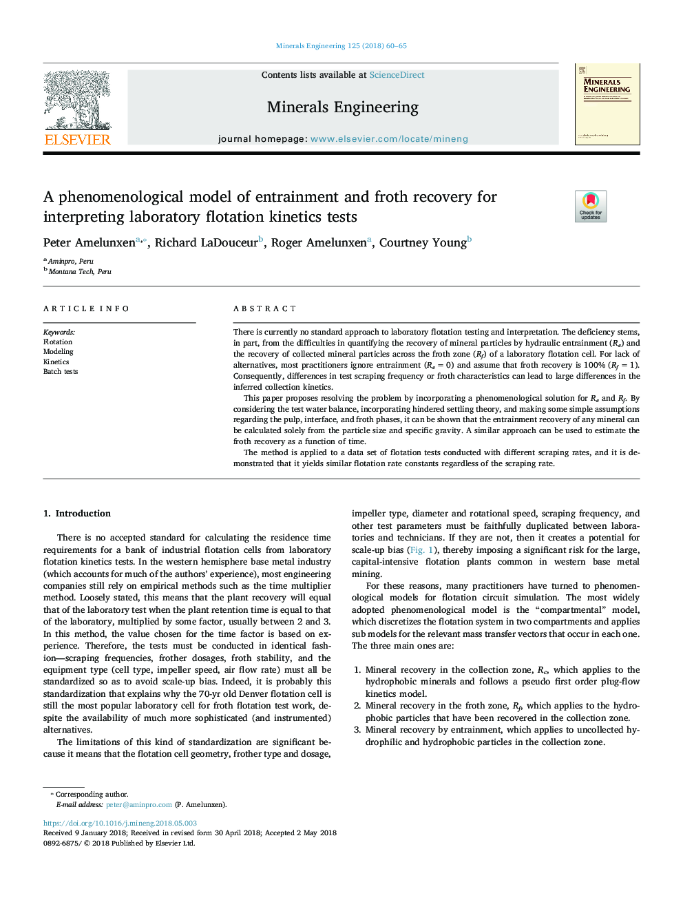 A phenomenological model of entrainment and froth recovery for interpreting laboratory flotation kinetics tests