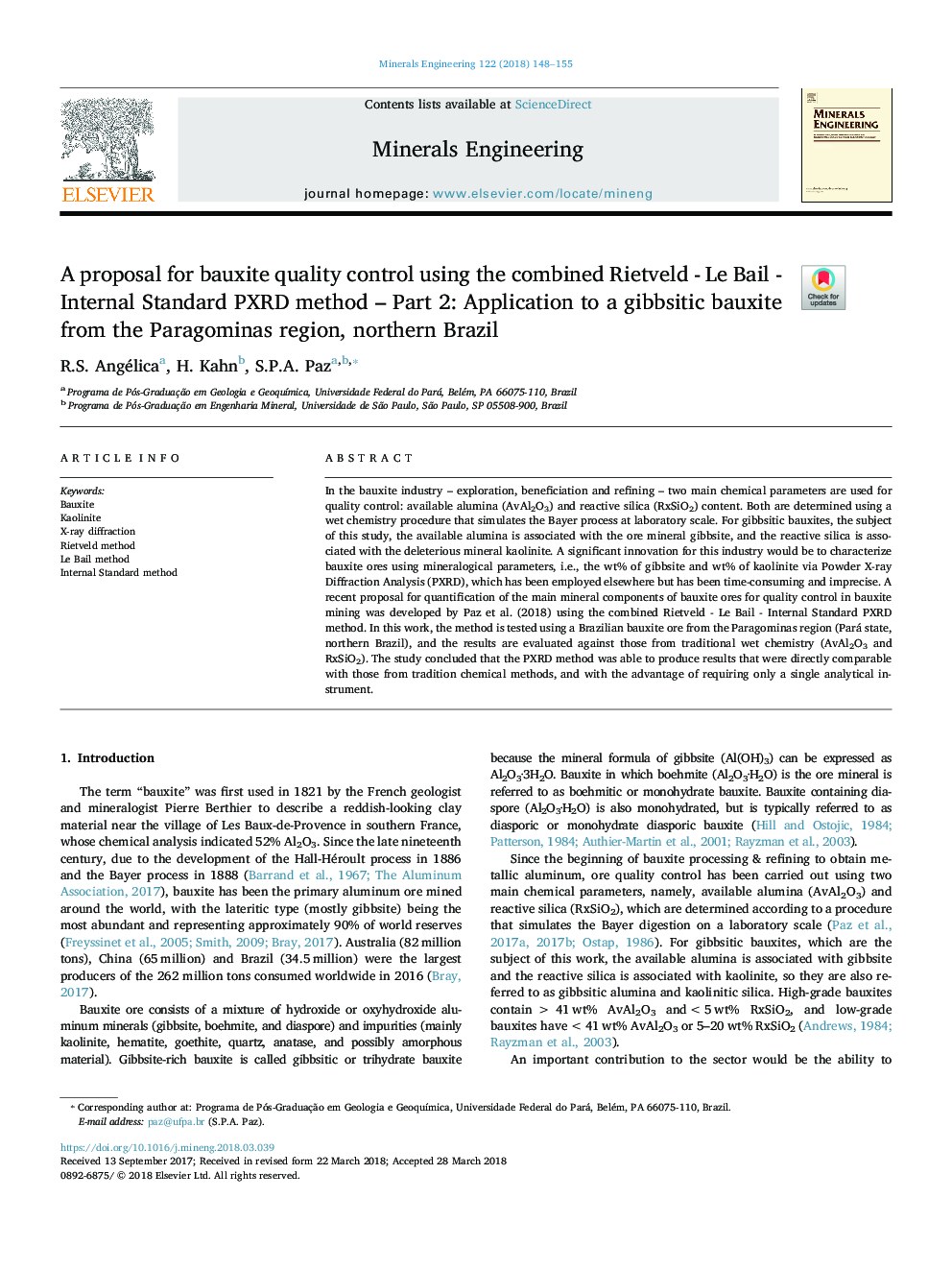 A proposal for bauxite quality control using the combined Rietveld - Le Bail - Internal Standard PXRD method - Part 2: Application to a gibbsitic bauxite from the Paragominas region, northern Brazil