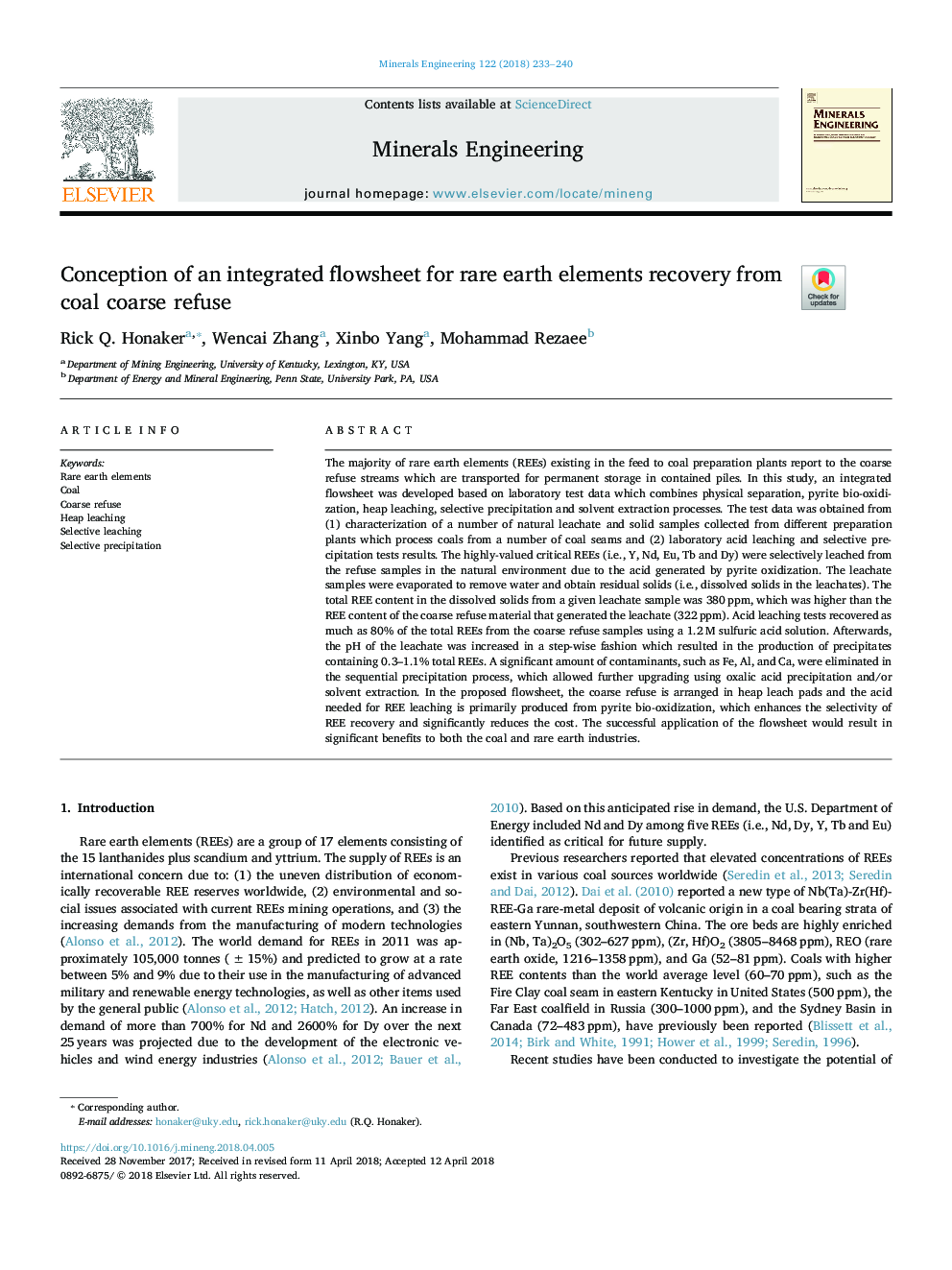 Conception of an integrated flowsheet for rare earth elements recovery from coal coarse refuse