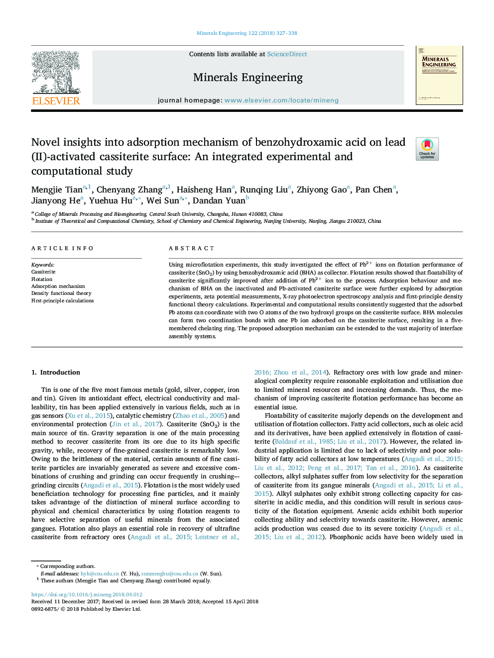 Novel insights into adsorption mechanism of benzohydroxamic acid on lead (II)-activated cassiterite surface: An integrated experimental and computational study