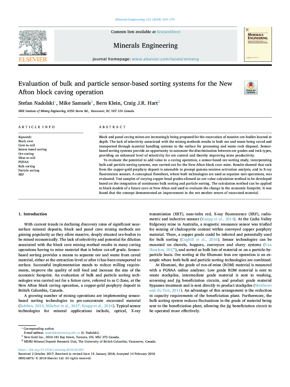 Evaluation of bulk and particle sensor-based sorting systems for the New Afton block caving operation