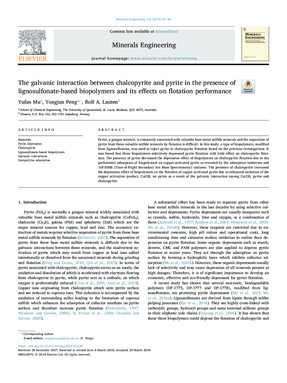 The galvanic interaction between chalcopyrite and pyrite in the presence of lignosulfonate-based biopolymers and its effects on flotation performance