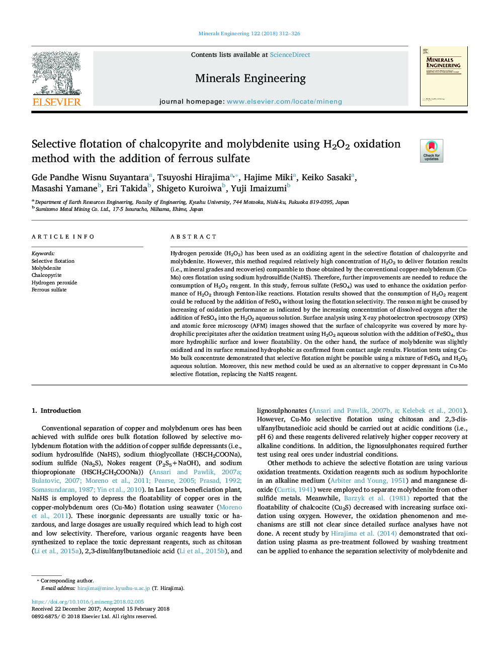 Selective flotation of chalcopyrite and molybdenite using H2O2 oxidation method with the addition of ferrous sulfate