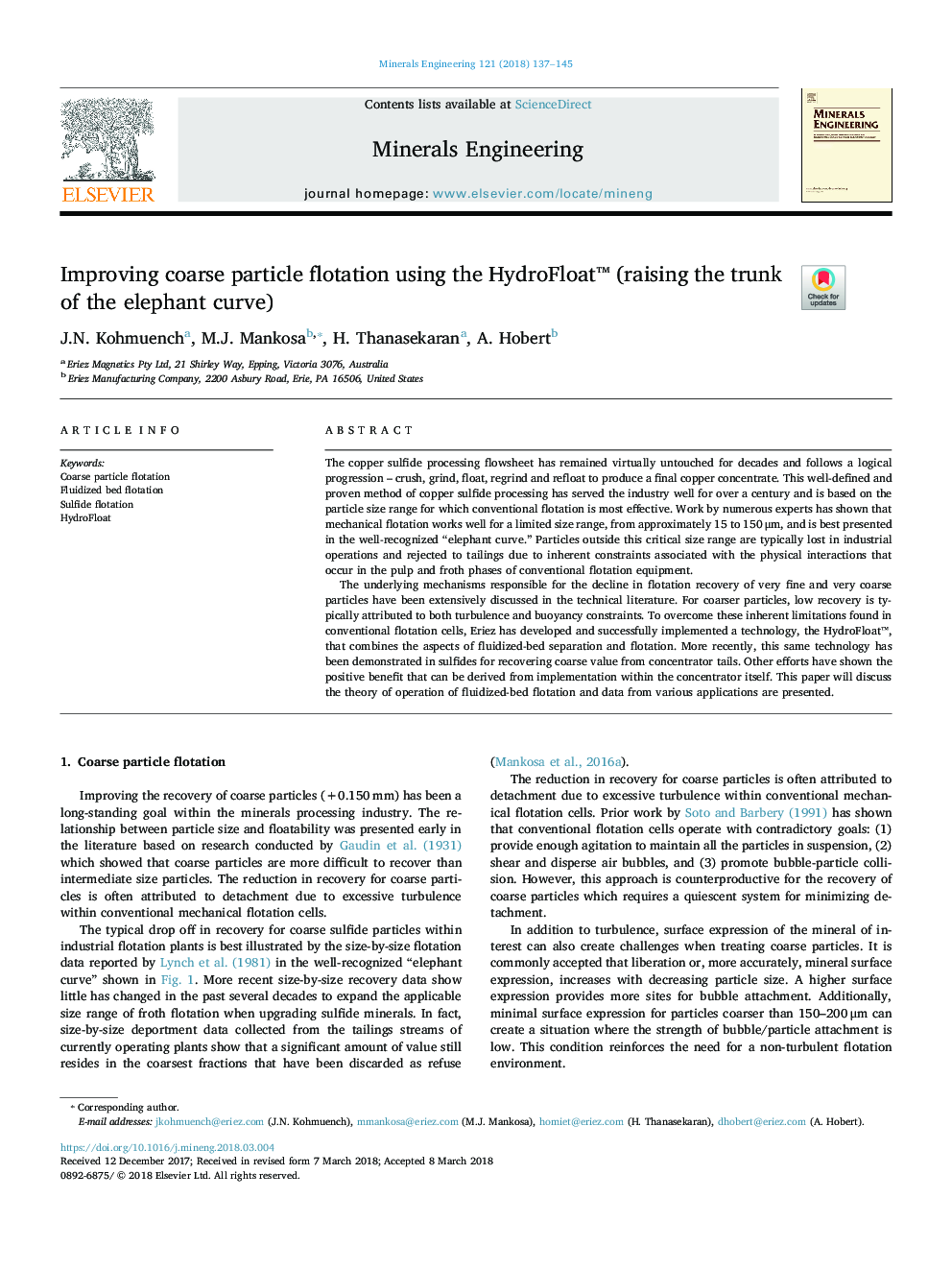 Improving coarse particle flotation using the HydroFloatâ¢ (raising the trunk of the elephant curve)