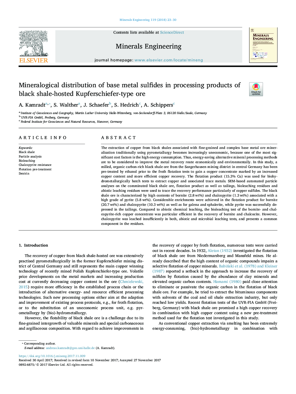 Mineralogical distribution of base metal sulfides in processing products of black shale-hosted Kupferschiefer-type ore