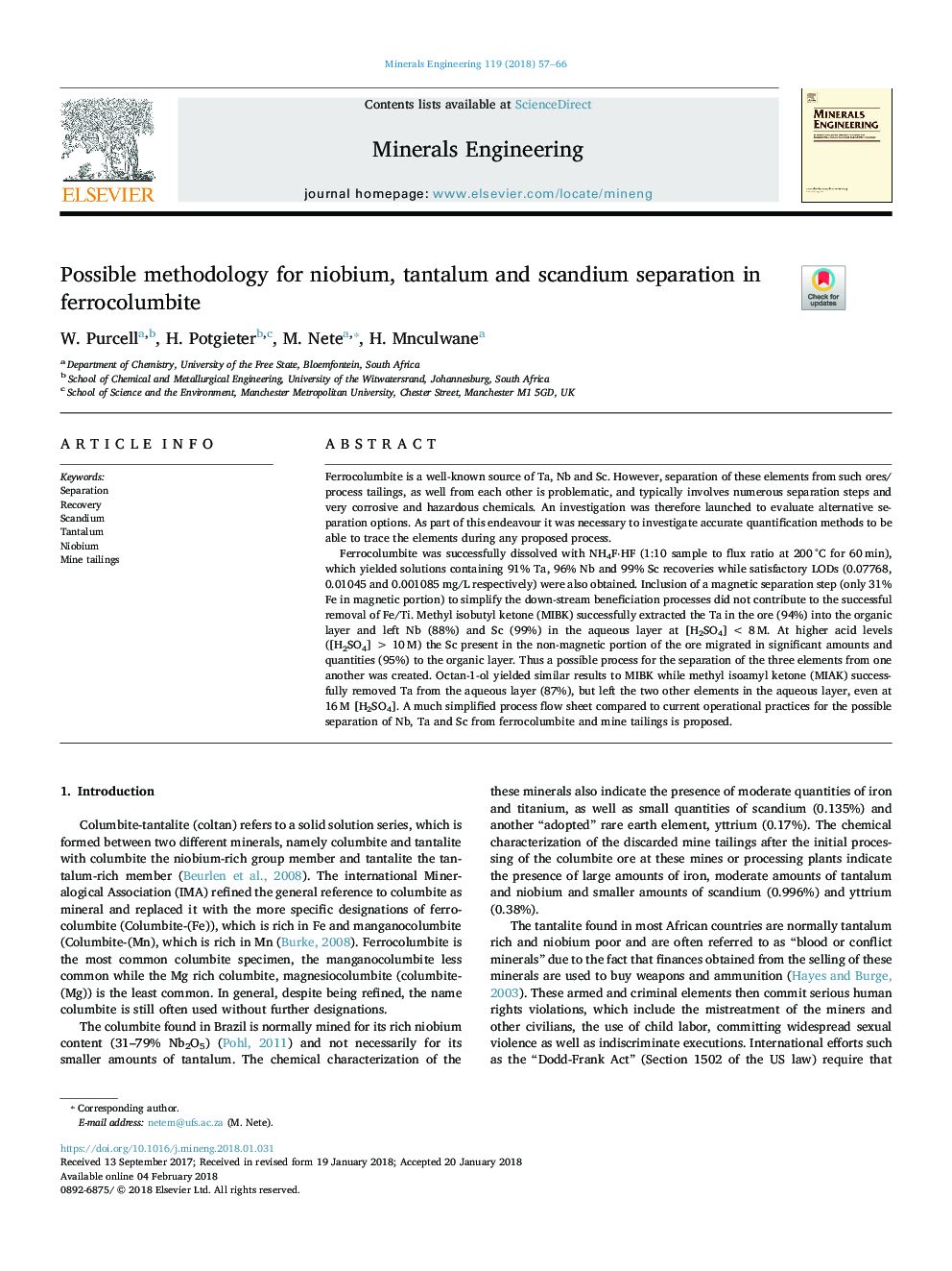 Possible methodology for niobium, tantalum and scandium separation in ferrocolumbite