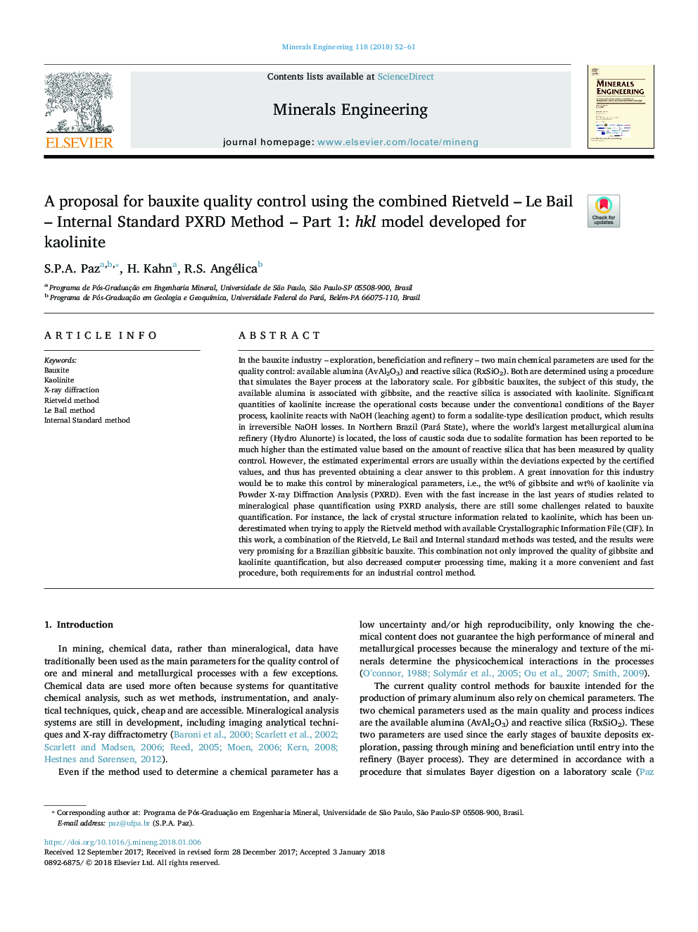 A proposal for bauxite quality control using the combined Rietveld - Le Bail - Internal Standard PXRD Method - Part 1: hkl model developed for kaolinite