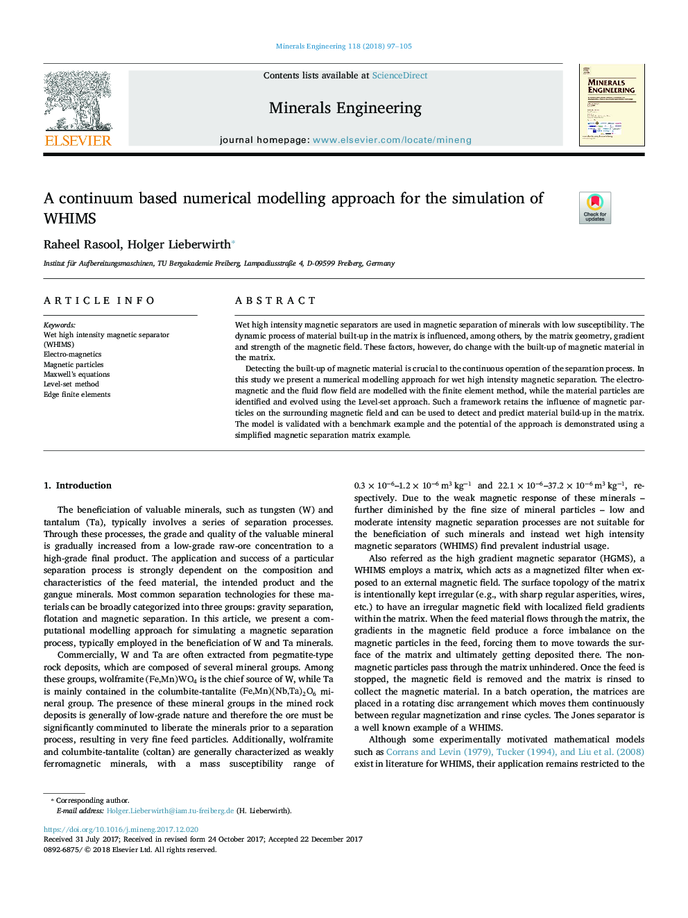 A continuum based numerical modelling approach for the simulation of WHIMS