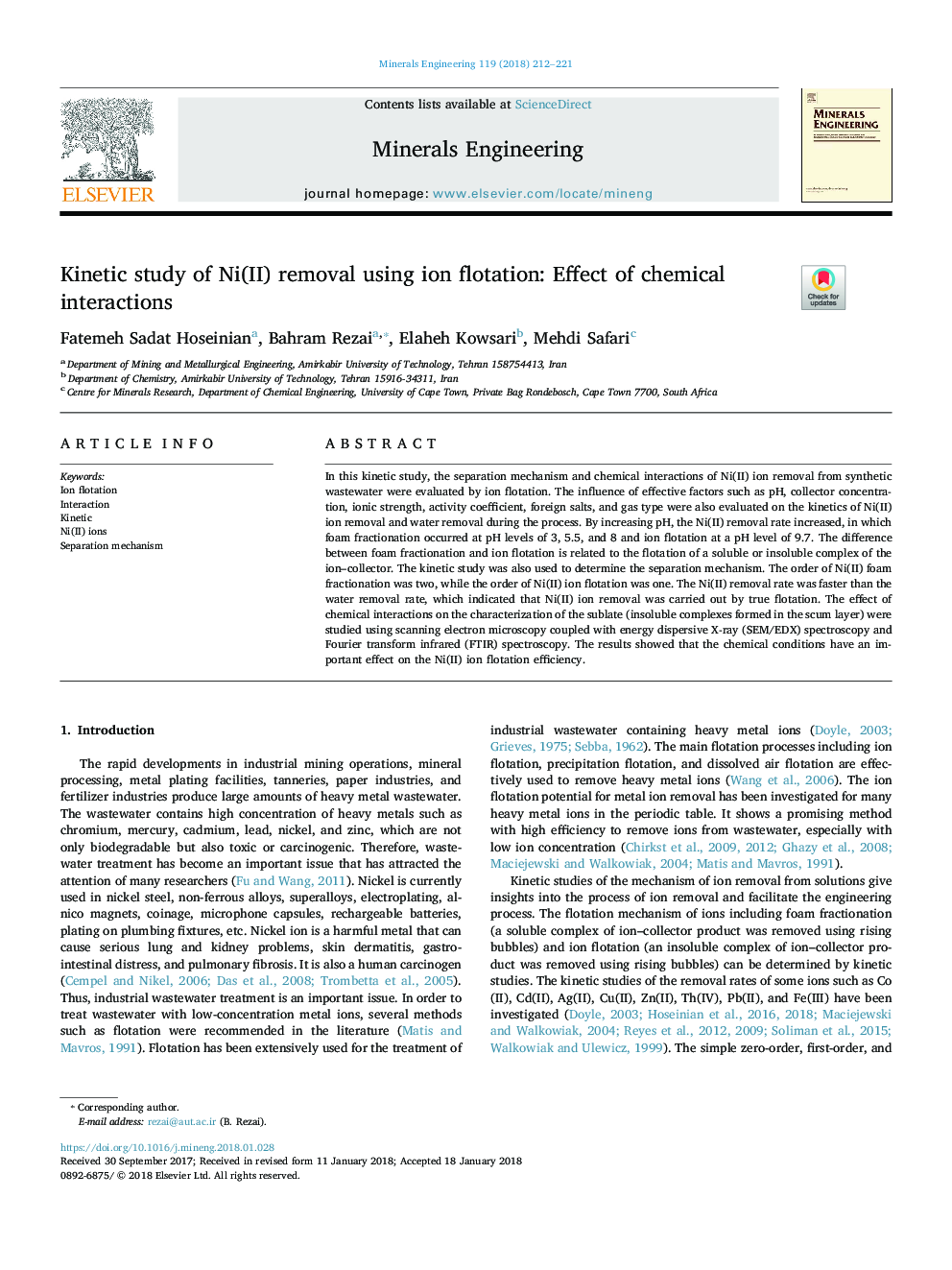 Kinetic study of Ni(II) removal using ion flotation: Effect of chemical interactions