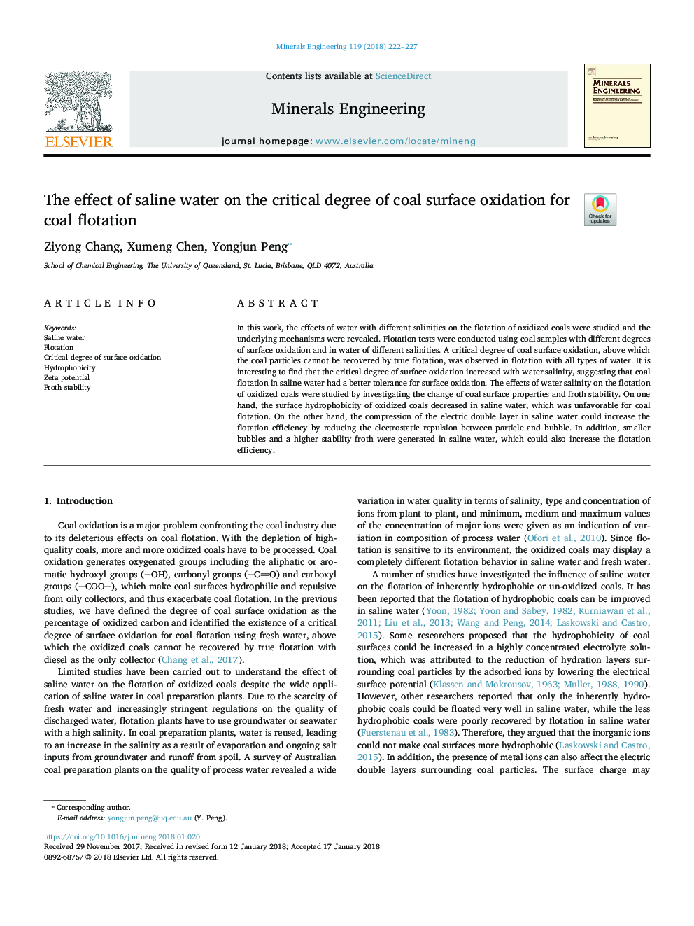 The effect of saline water on the critical degree of coal surface oxidation for coal flotation