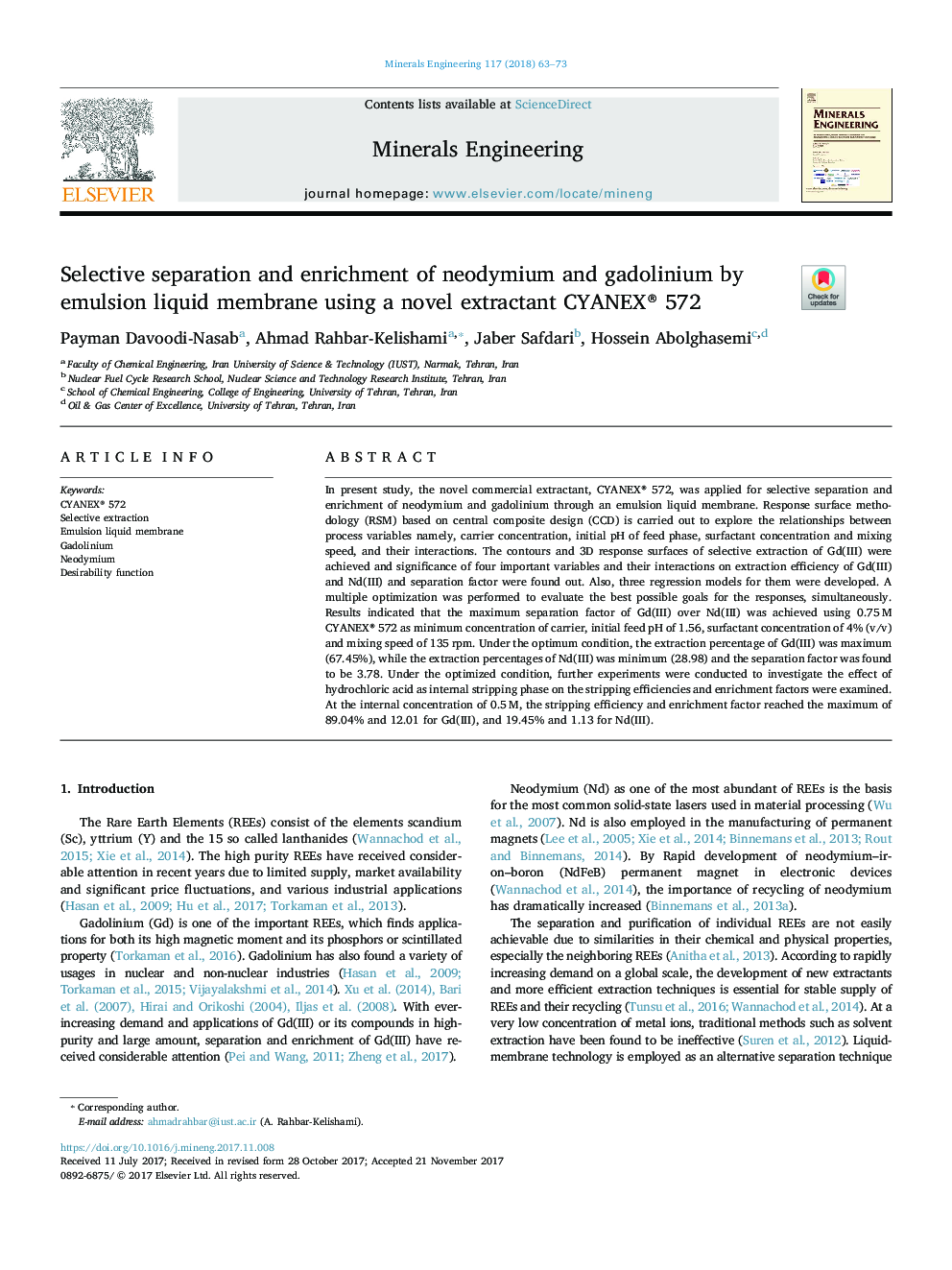 Selective separation and enrichment of neodymium and gadolinium by emulsion liquid membrane using a novel extractant CYANEX® 572