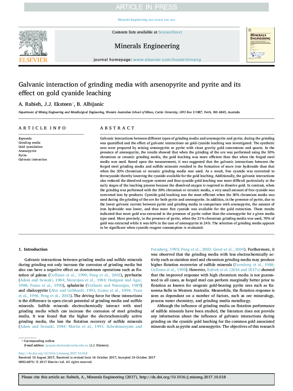 Galvanic interaction of grinding media with arsenopyrite and pyrite and its effect on gold cyanide leaching