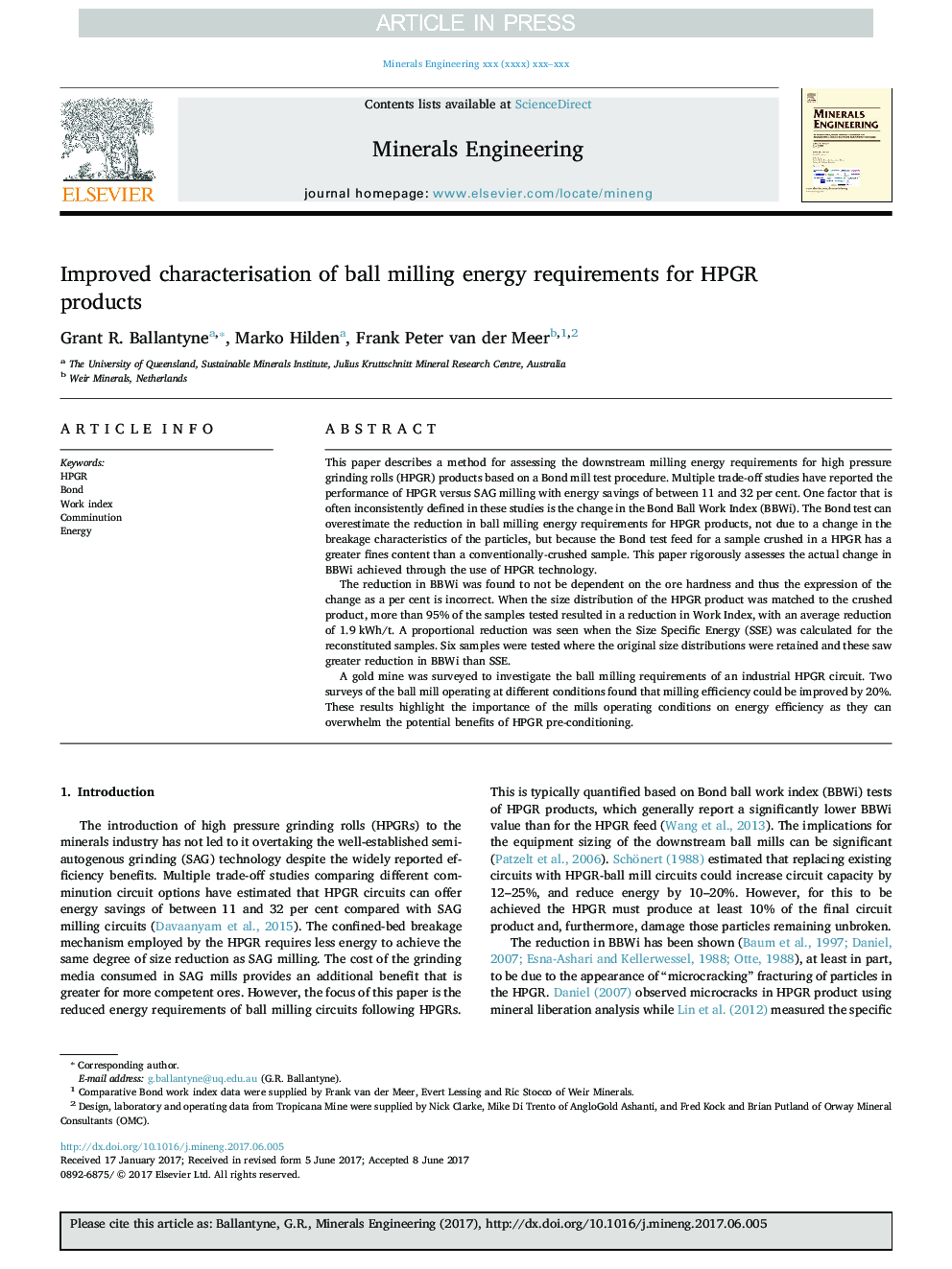 Improved characterisation of ball milling energy requirements for HPGR products