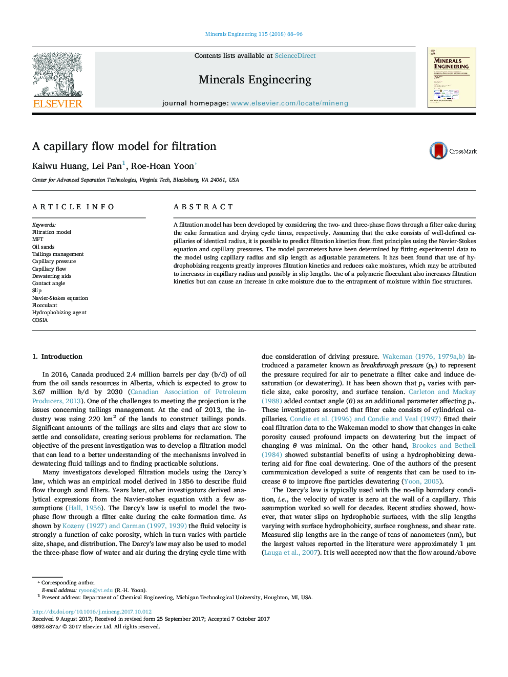 A capillary flow model for filtration